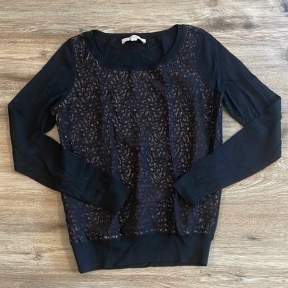 Ann Taylor Loft Black Sheer Lace Sweater with Tan Chiffon Panel Size S - Picture 6 of 10